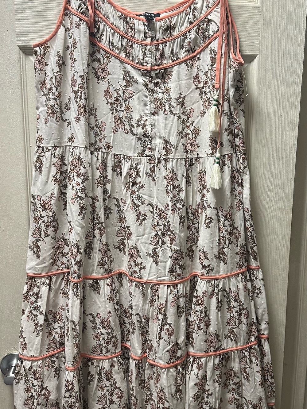 torrid Cream Maxi Dress with Coral Trim and Brown Floral Print